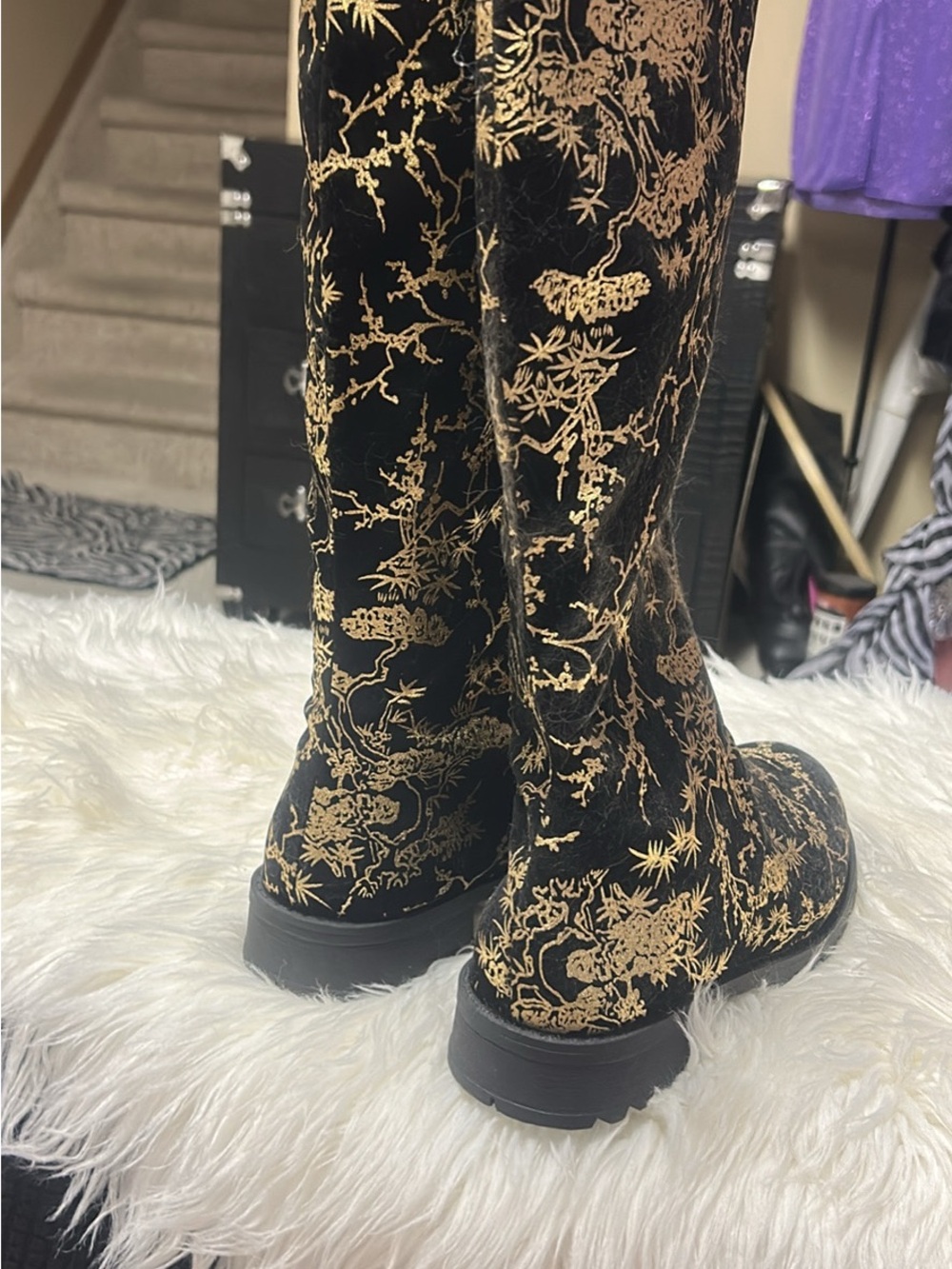 Black Velvet Knee-High Boots with Gold Embroidered Detail